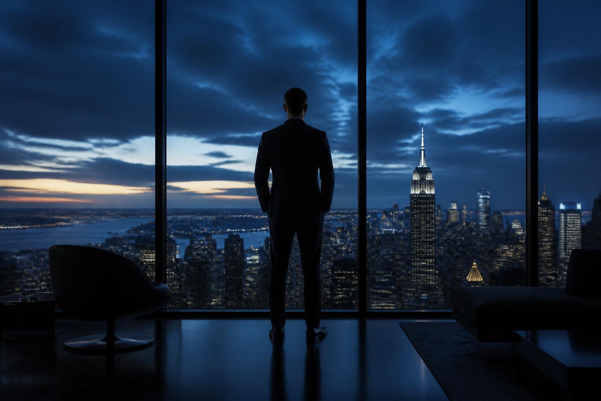 Executivo observando a cidade a partir de um escritório