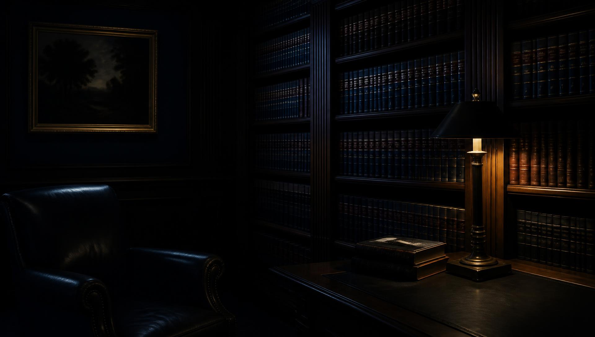 Biblioteca jurídica privada em penumbra